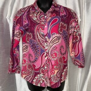 Gomorn Paisley Pink Barbiecore Button Up Long Sleeve Stretch Blouse Women’s M